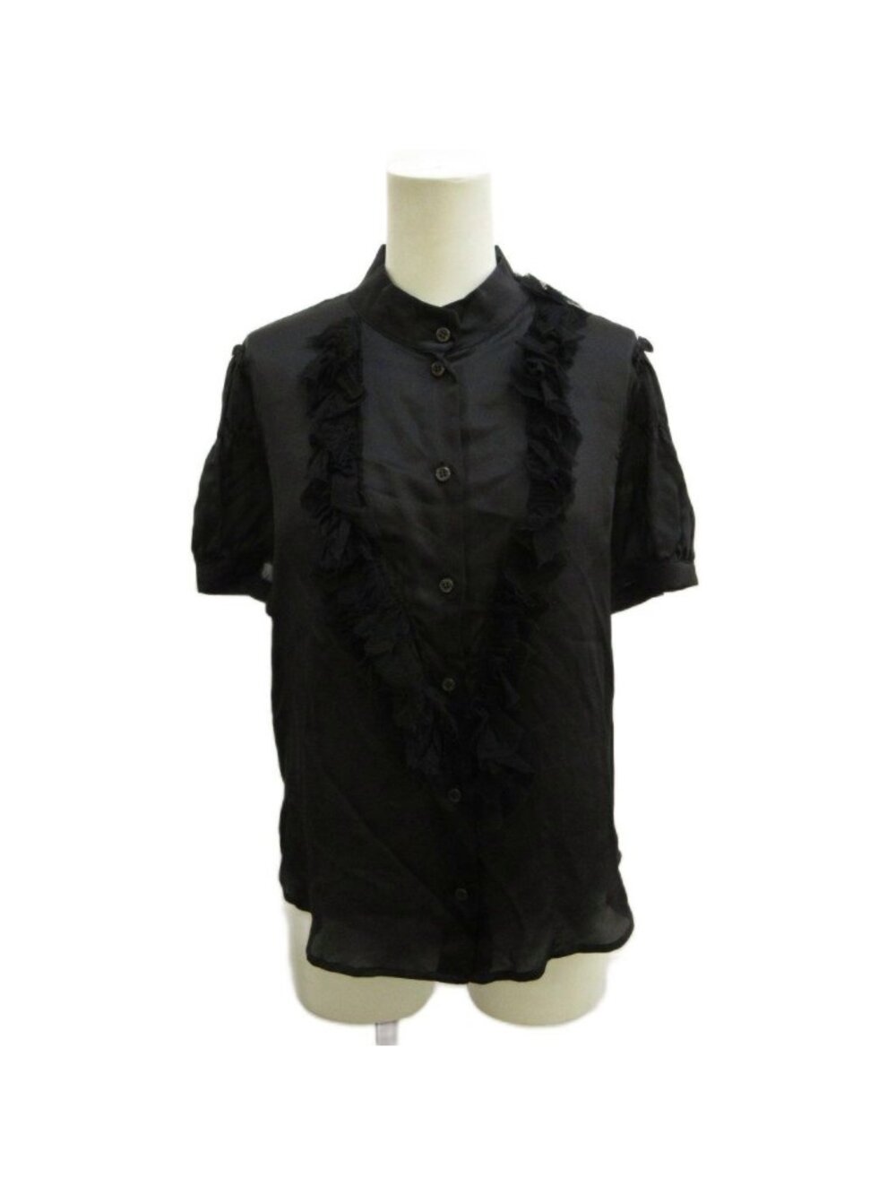 Prada Shirt Blouse Silk 42 Black Ruffle Short Sleeve Stand Color PP